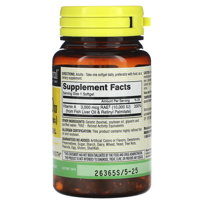 Mason Natural, Vitamin A from Fish Liver Oil, 3,000 mcg (10,000 IU), 100 Softgels 311845059215