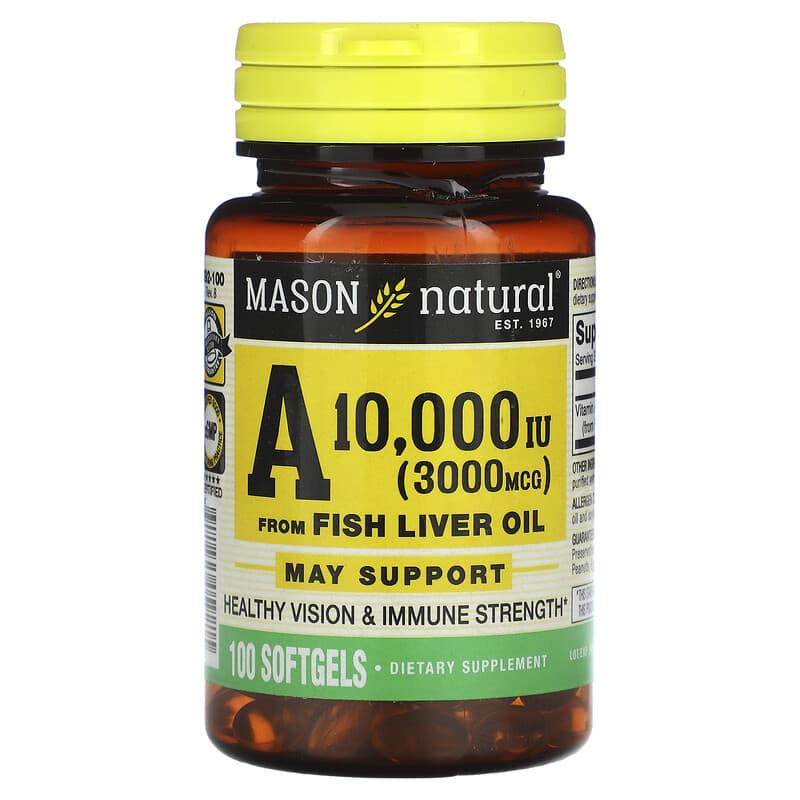 Mason Natural Vitamin A from Fish Liver Oil 3,000 mcg (10,000 IU) 100 Softgels 311845059215