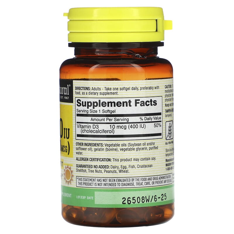 Mason Natural, Vitamin D3, 10 mcg (400 IU), 100 Softgels 311845118318