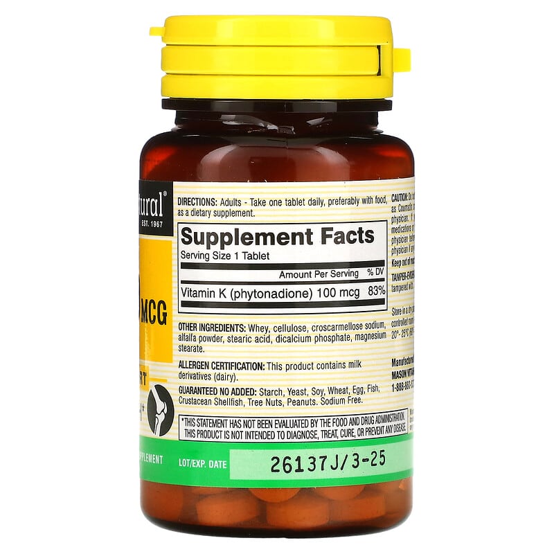 Mason Natural, Vitamin K, 100 mcg, 100 Tablets 311845077912