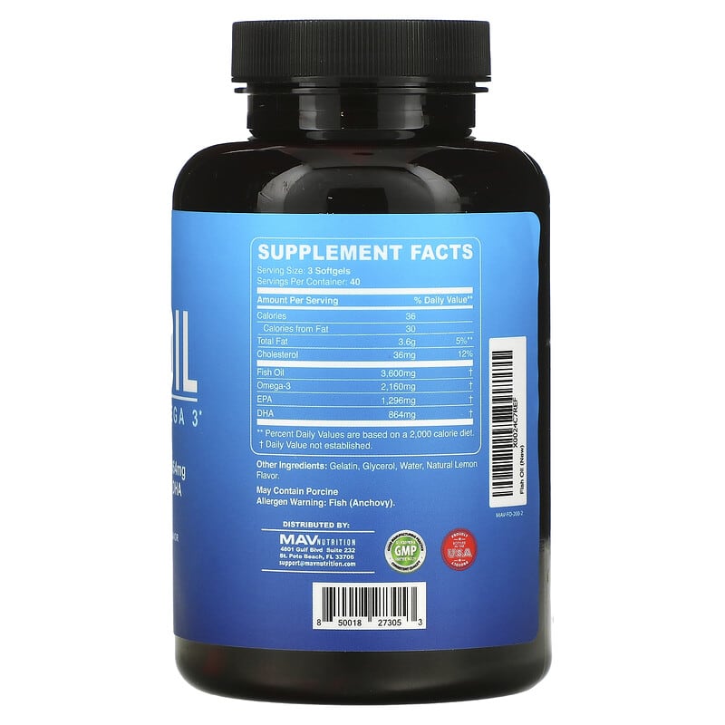 MAV Nutrition, Fish Oil, Premium Omega 3, Natural Lemon, 120 Softgels 850018273053