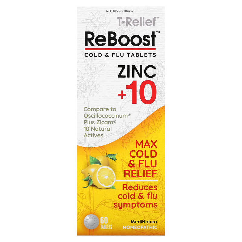 MediNatura T-Relief ReBoost Zinc +10 Cold & Flu Tablets 60 Tablets 787647201518