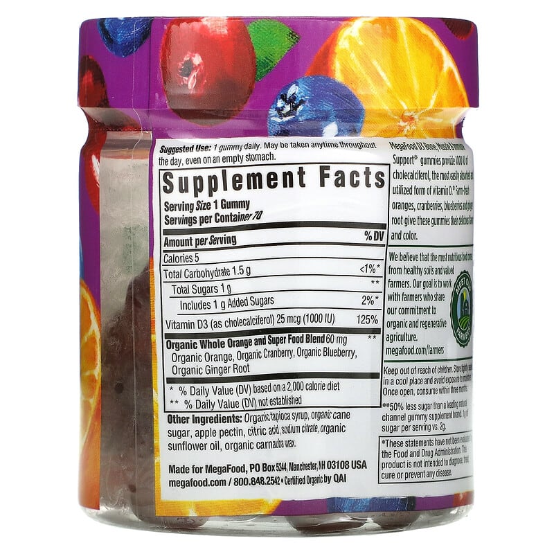 MegaFood, D3, Mixed Fruit, 1,000 IU (25 mcg), 70 Gummies 51494104125