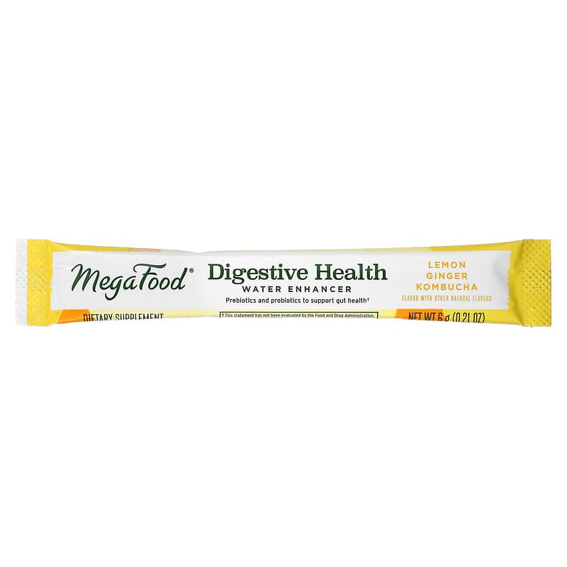 MegaFood, Digestive Health, Water Enhancer, Lemon Ginger Kombucha, 10 Packets, 0.21 oz (6 g) Each 51494104842