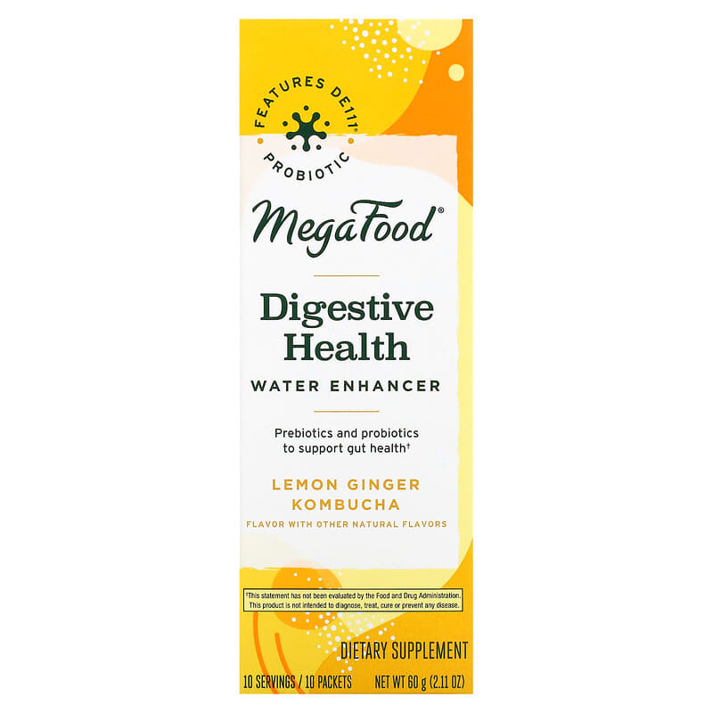MegaFood Digestive Health Water Enhancer Lemon Ginger Kombucha 10 Packets 0.21 oz (6 g) Each 51494104842