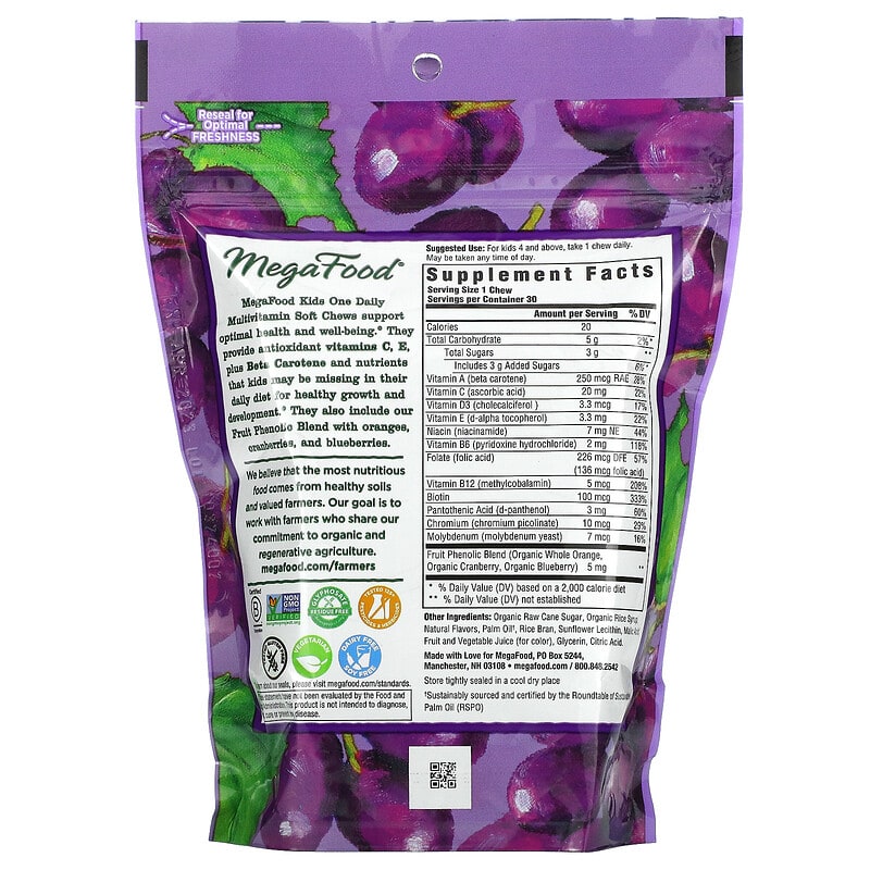 MegaFood, Kids One Daily, Multivitamin Soft Chews, Grape, 30 Individually Wrapped Soft Chews 51494103746