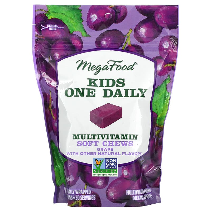 MegaFood Kids One Daily Multivitamin Soft Chews Grape 30 Individually Wrapped Soft Chews 51494103746