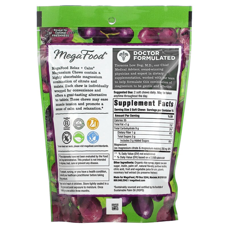 MegaFood, Relax + Calm Magnesium Soft Chews, Grape, 30 Individually Wrapped Soft Chews 51494103999