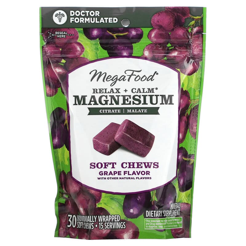 MegaFood Relax + Calm Magnesium Soft Chews Grape 30 Individually Wrapped Soft Chews 51494103999