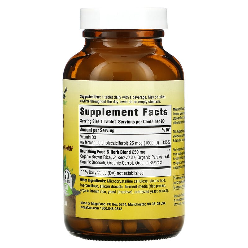 MegaFood, Vitamin D3, 1,000 IU (25 mcg), 90 Tablets 51494101155