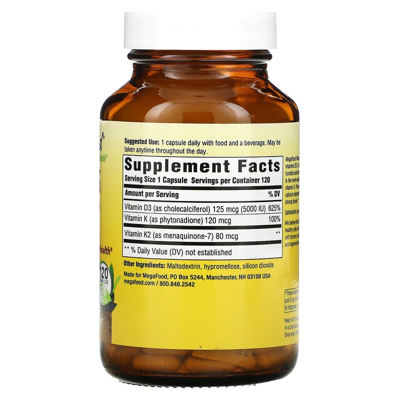 MegaFood, Vitamin D3 with K & K2, 5,000 IU (125 mcg), 120 Capsules 51494104415