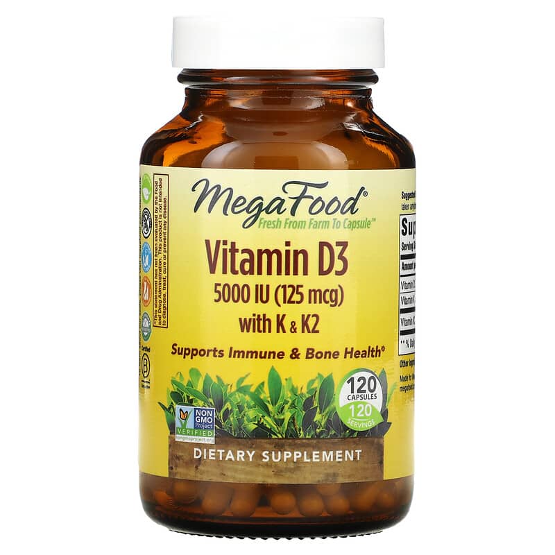 MegaFood Vitamin D3 with K & K2 5,000 IU (125 mcg) 120 Capsules 51494104415