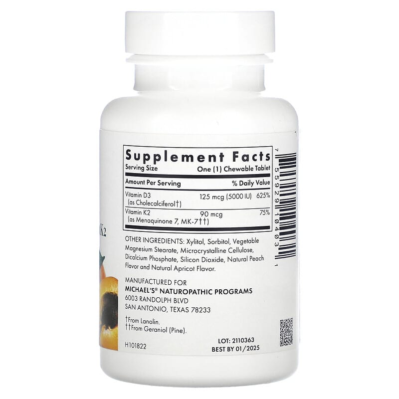 Michael's Naturopathic, Vitamin D3 with Vitamin K2, Apricot, 5,000 IU, 90 Vegetarian Chewable Tablets 755929104031