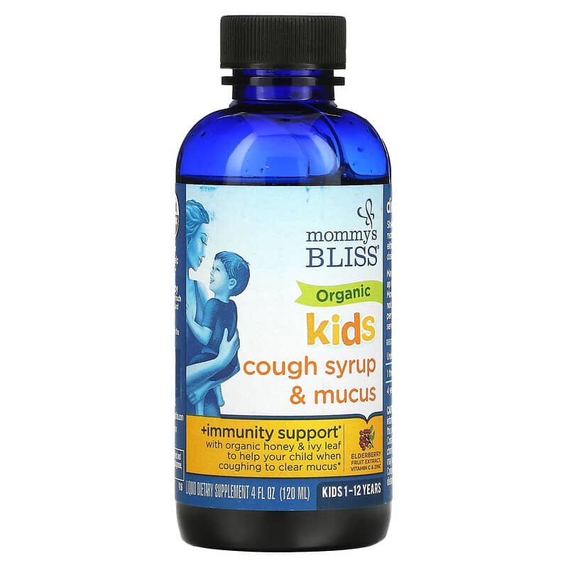 Mommy's Bliss, Kids, Organic Cough Syrup & Mucus + Immunity Support, 1-12 Yrs, Elderberry, 4 fl oz (120 ml) 679234071522