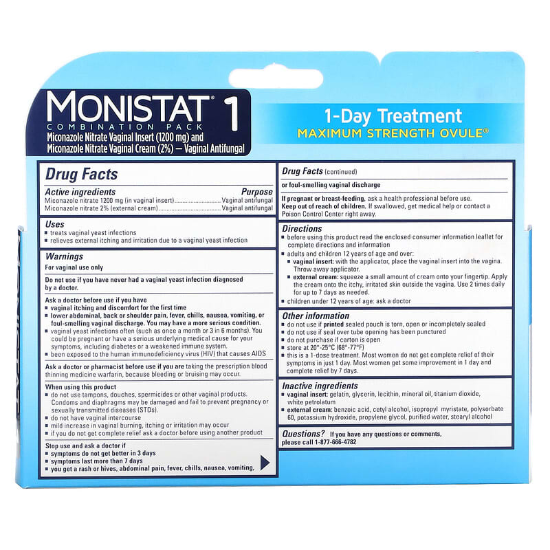 Monistat, 1-Day Treatment Combination Pack, Day or Night Ovule, Maximum Strength, 1 Ovule Insert, 2.6 g + 0.32 oz (9 g) Tube 363736441807
