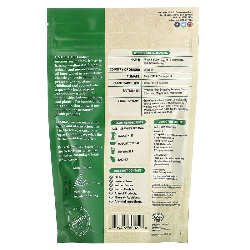 MRM Nutrition, Raw Organic Green Banana Powder, 8.5 oz (240 g) 609492800220