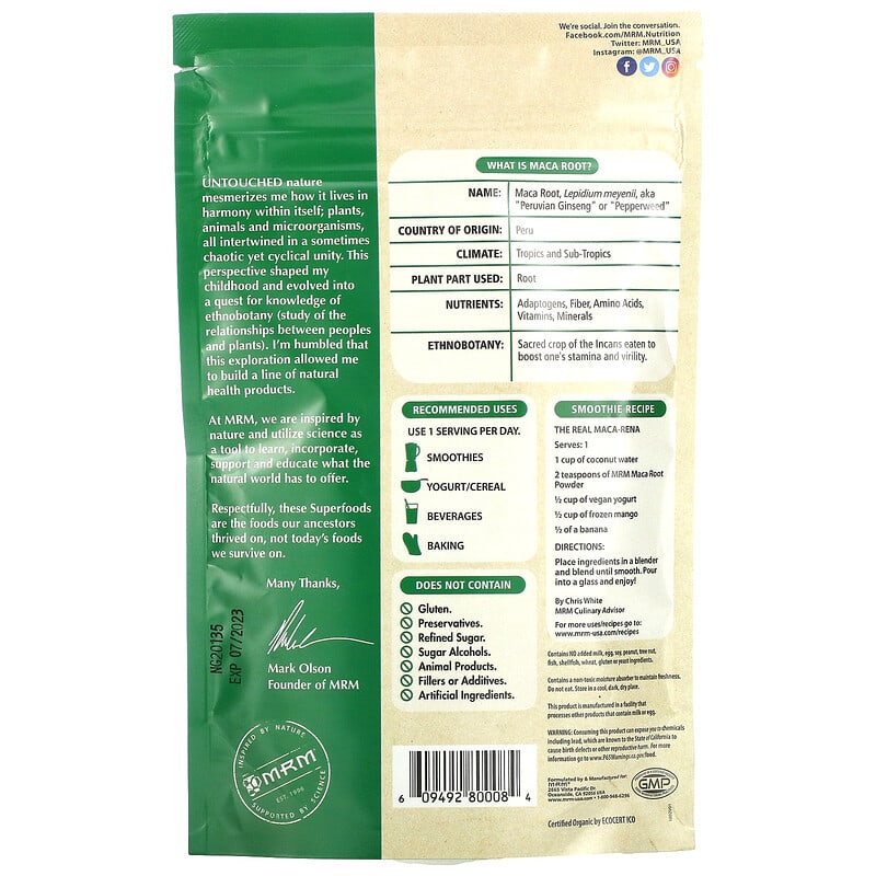 MRM Nutrition, Raw Organic Maca Root Powder, 8.5 oz (240 g) 609492800084