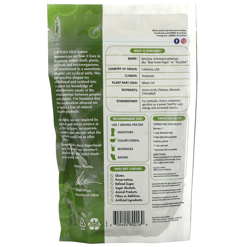 MRM Nutrition, Spirulina Powder, 8.5 oz (240 g) 609492800169