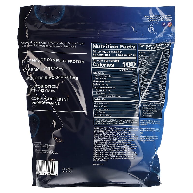 MRM Nutrition, Whey Protein with Probiotics & Postbiotics, Chocolate, 5 lb (2,270 g) 609492720504
