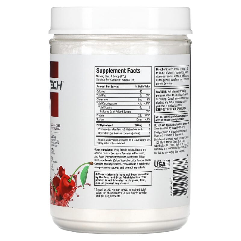 MuscleTech, ISO Whey Clear, Ultra-Pure Protein Isolate, Arctic Cherry Blast, 1.1 lbs (500 g) 631656714838