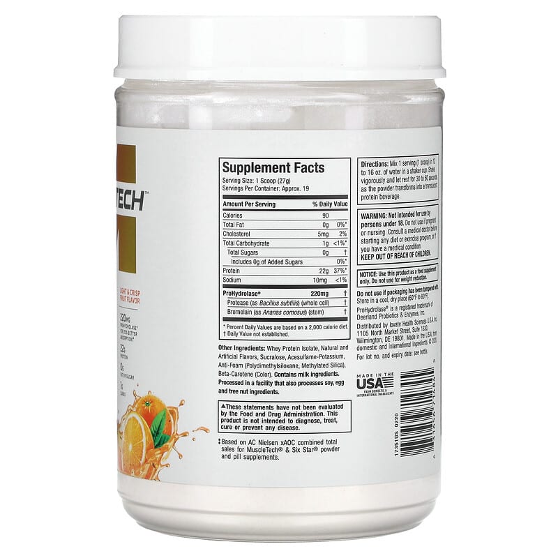 MuscleTech, ISO Whey Clear, Ultra-Pure Protein Isolate, Orange Dreamsicle, 1.1 lbs (505 g) 631656714845