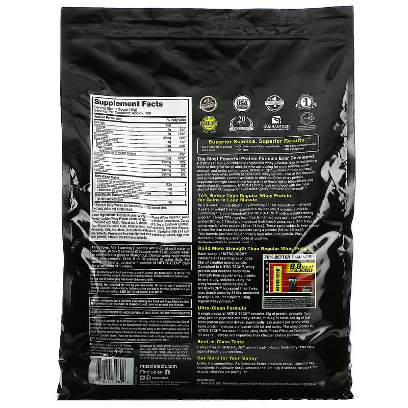 MuscleTech, Nitro Tech, Whey Peptides & Isolate Lean Musclebuilder, Milk Chocolate, 10 lbs (4.54 kg) 631656709612