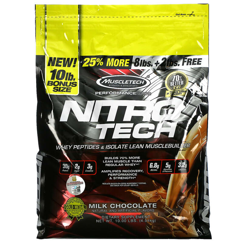 MuscleTech Nitro Tech Whey Peptides & Isolate Lean Musclebuilder Milk Chocolate 10 lbs (4.54 kg) 631656709612
