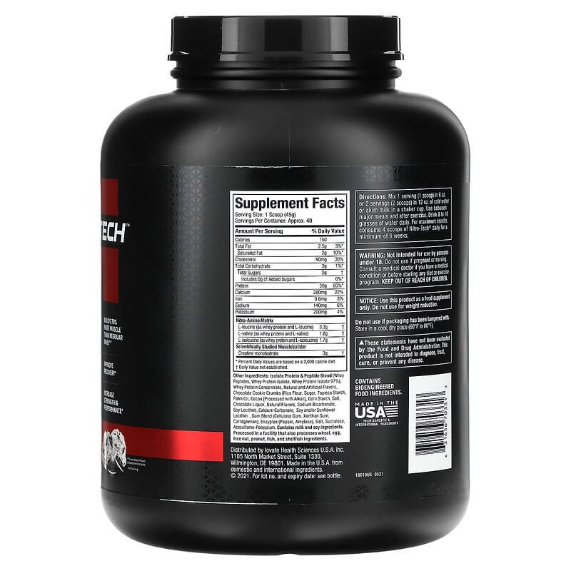 MuscleTech, Nitro Tech, Whey Protein, Ultimate Muscle Building Formula, Cookies and Cream, 4 lbs (1.81 kg) 631656703313