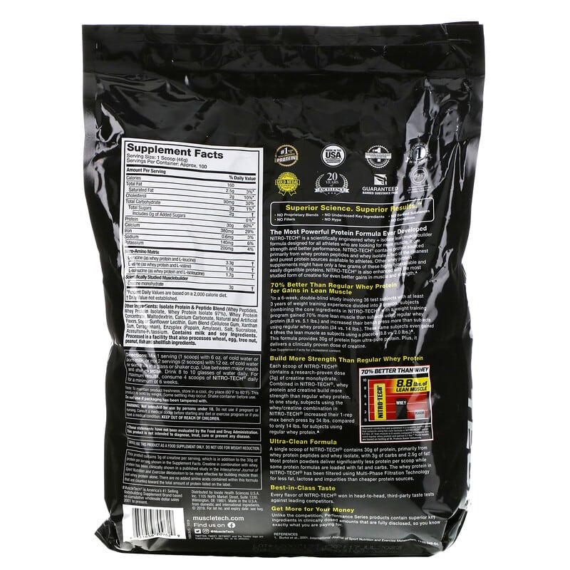 MuscleTech, Performance Series, Nitro Tech, Whey Peptides & Isolate Lean Musclebuilder, Vanilla, 10 lbs (4.54 kg) 631656709629