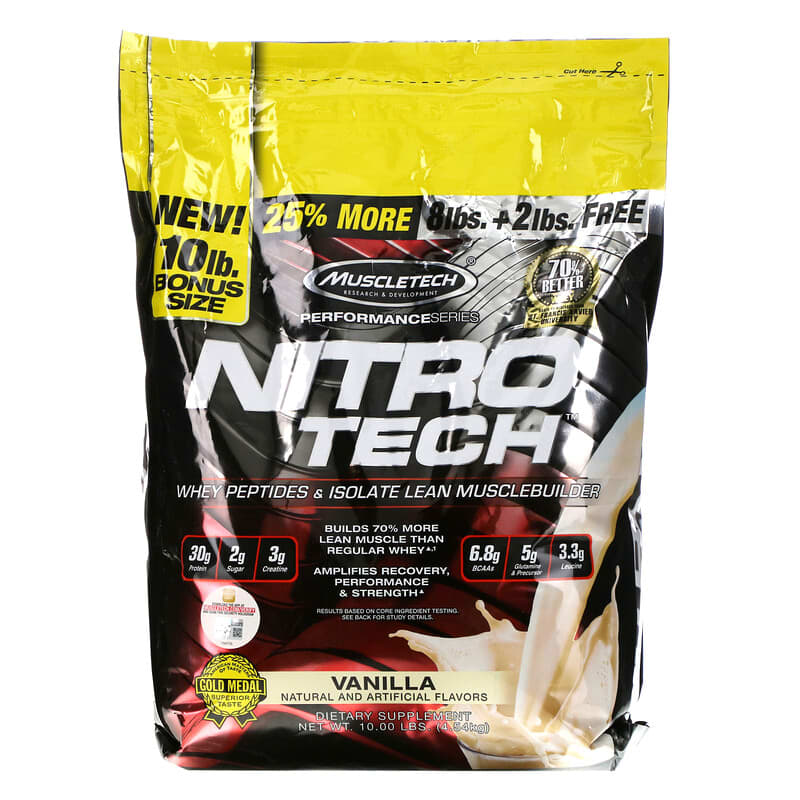 MuscleTech Performance Series Nitro Tech Whey Peptides & Isolate Lean Musclebuilder Vanilla 10 lbs (4.54 kg) 631656709629