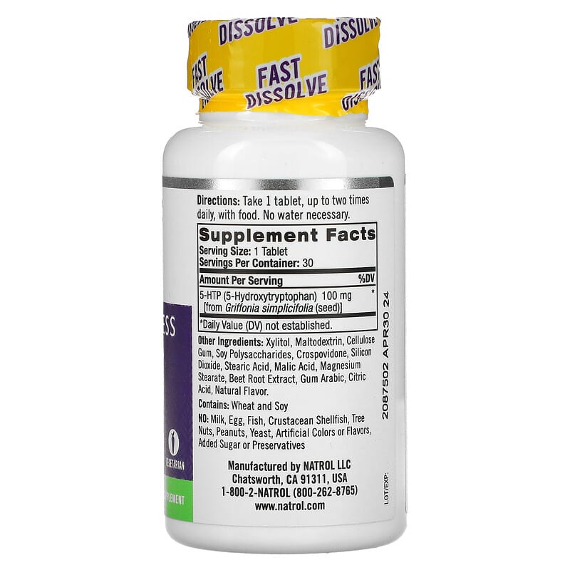 Natrol, 5-HTP, Fast Dissolve, Extra Strength, Wild Berry , 100 mg, 30 Tablets 47469060442