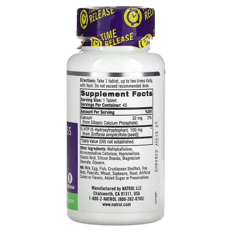 Natrol, 5-HTP, Time Release, Extra Strength, 100 mg, 45 Tablets 47469052287