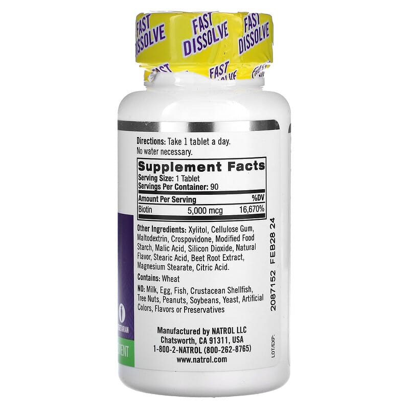Natrol, Biotin, Fast Dissolve, Extra Strength, Strawberry, 5,000 mcg, 90 Tablets 47469063238