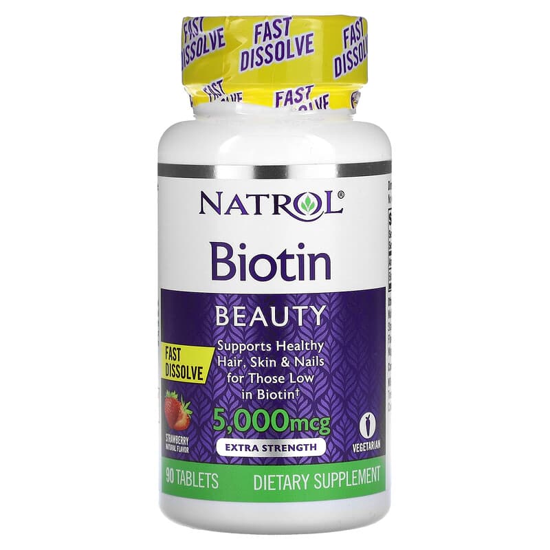 Natrol Biotin Fast Dissolve Extra Strength Strawberry 5,000 mcg 90 Tablets 47469063238