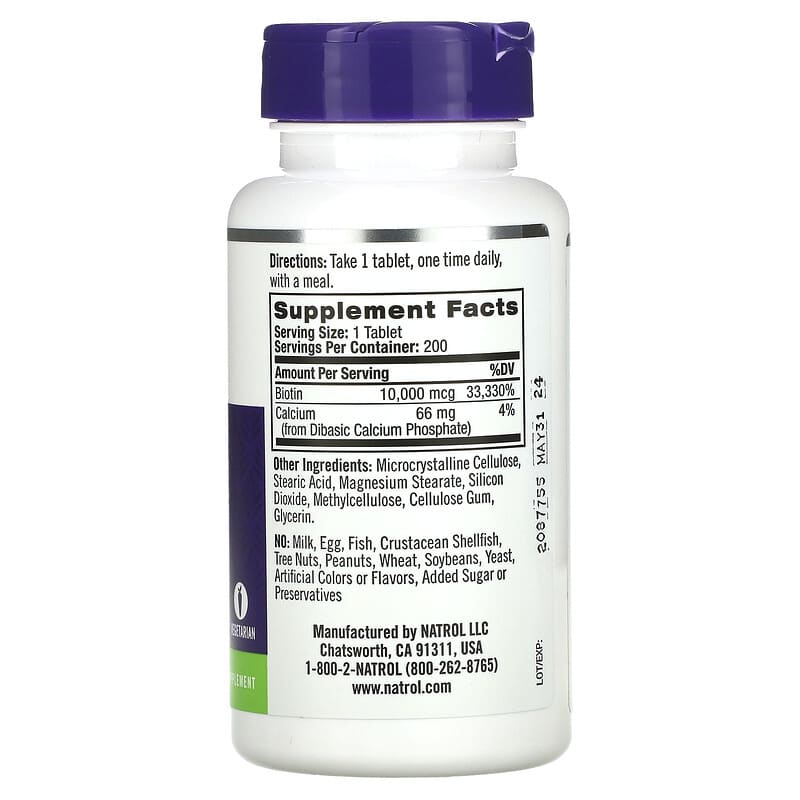 Natrol, Biotin, Maximum Strength, 10,000 mcg, 200 Tablets 47469076085