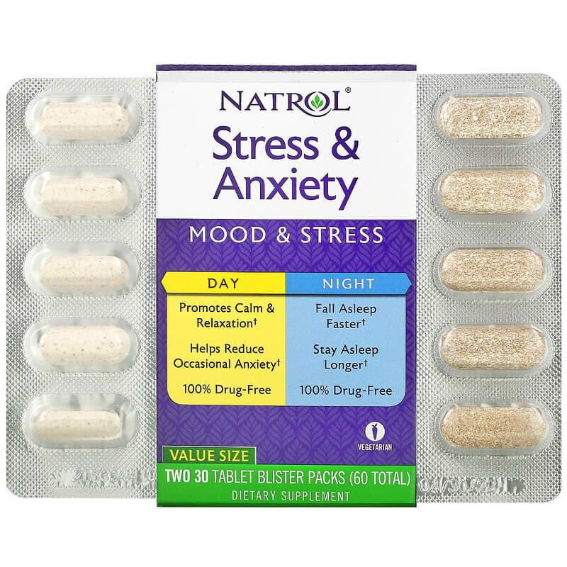 Natrol Stress & Anxiety Day & Night Two 30 Tablet Blister Packs (60 Total) 47469055011