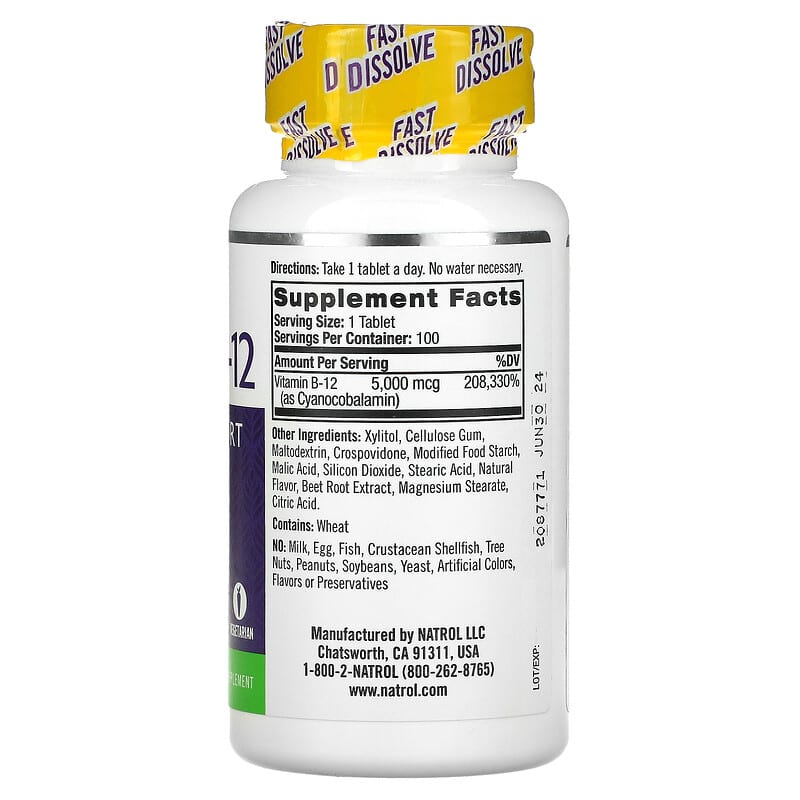 Natrol, Vitamin B-12, Fast Dissolve, Maximum Strength, Strawberry, 5,000 mcg, 100 Tablets 47469066727