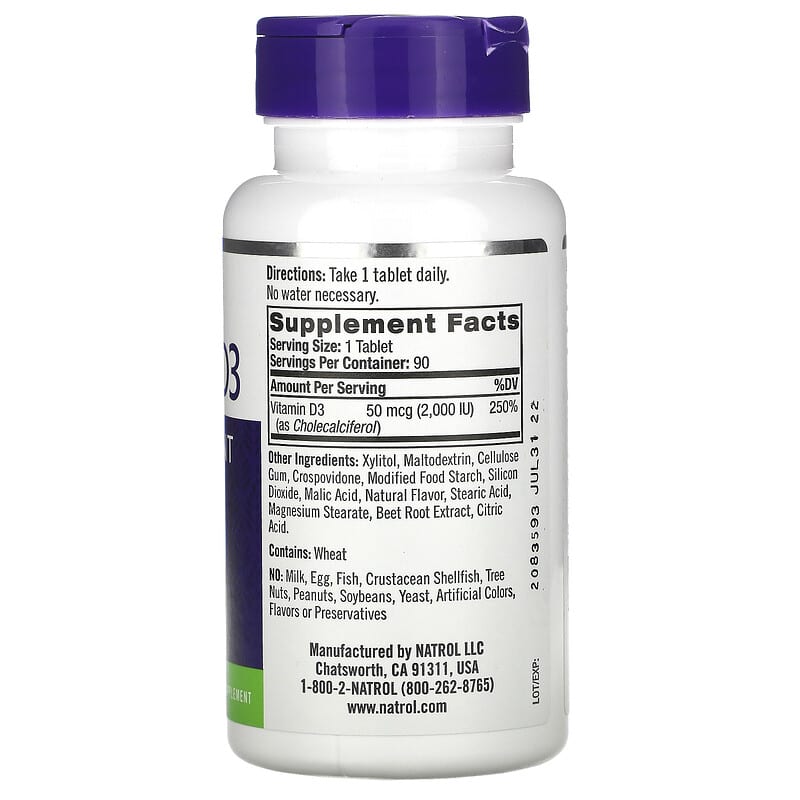 Natrol, Vitamin D3, Bone & Joint Health, Strawberry , 2,000 IU, 90 Tablets 47469058890