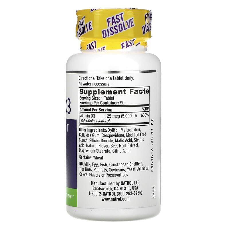 Natrol, Vitamin D3, Bone & Joint Health, Strawberry, 5,000 IU, 90 Tablets 47469058913