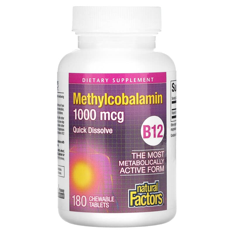 Natural Factors, B12, Methylcobalamin, 1,000 mcg, 180 Chewable Tablets 68958012438