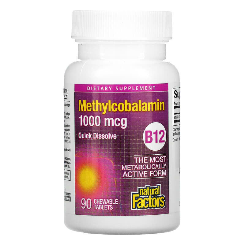 Natural Factors, B12, Methylcobalamin, 1,000 mcg, 90 Chewable Tablets 68958012421