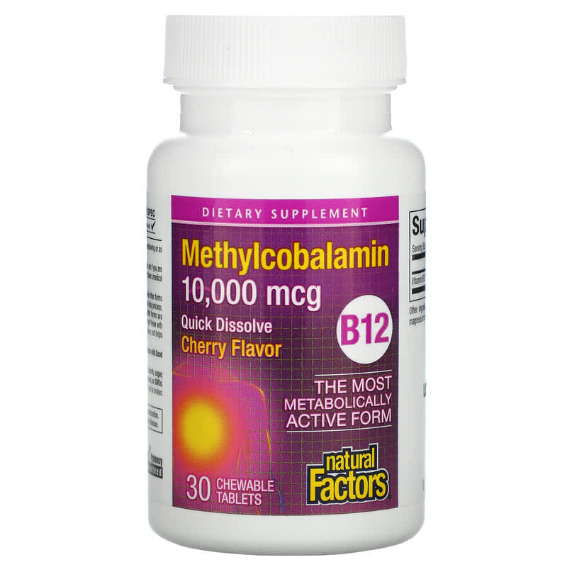 Natural Factors, B12 Methylcobalamin, Cherry, 10,000 mcg, 30 Chewable Tablets 68958012445