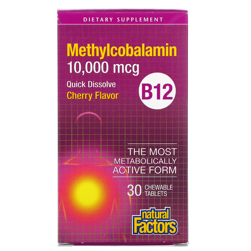 Natural Factors B12 Methylcobalamin Cherry 10,000 mcg 30 Chewable Tablets 68958012445
