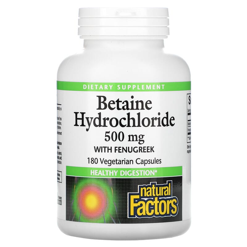 Natural Factors Betaine Hydrochloride with Fenugreek 500 mg 180 Vegetarian Capsules 68958017211