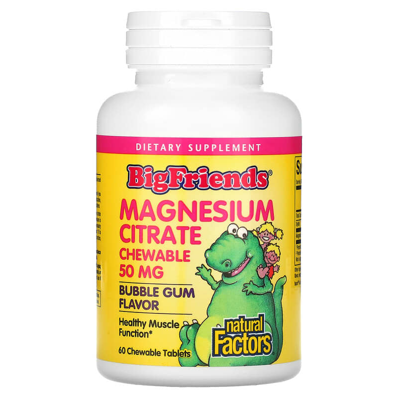 Natural Factors Big Friends Magnesium Citrate Bubble Gum 50 mg 60 Chewable Tablets 68958016481