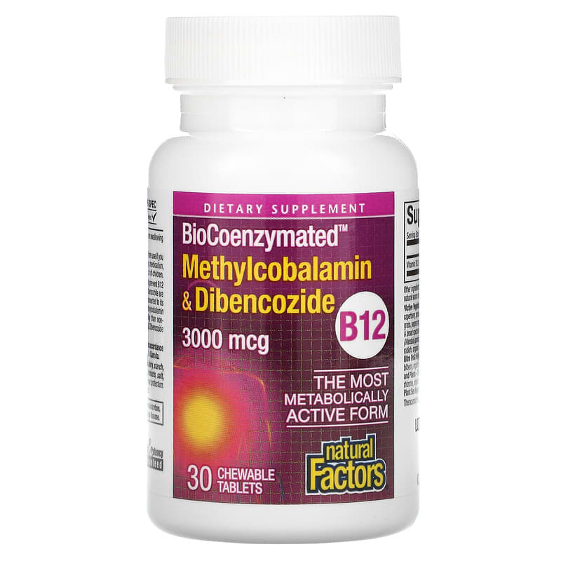 Natural Factors, BioCoenzymated, B12, Methylcobalamin & Dibencozide, 3,000 mcg, 30 Chewable Tablets 68958012537
