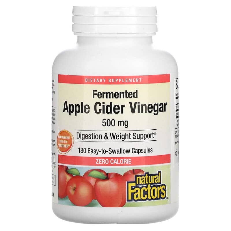 Natural Factors Fermented Apple Cider Vinegar 500 mg 180 Easy to Swallow Capsules 68958020563