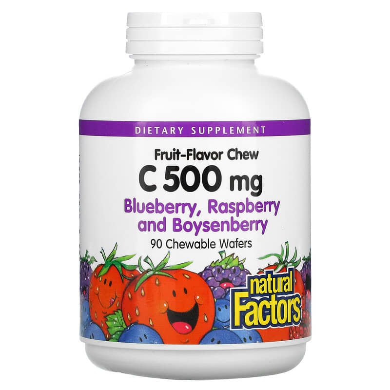 Natural Factors Fruit-Flavor Chew Vitamin C Blueberry Raspberry and Boysenberry 500 mg 90 Chewable Wafers 68958013268