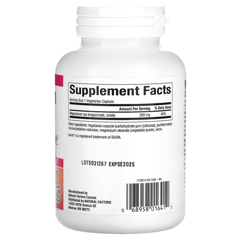 Natural Factors, Magnesium Bisglycinate, 200 mg, 120 Vegetarian Capsules 68958016412