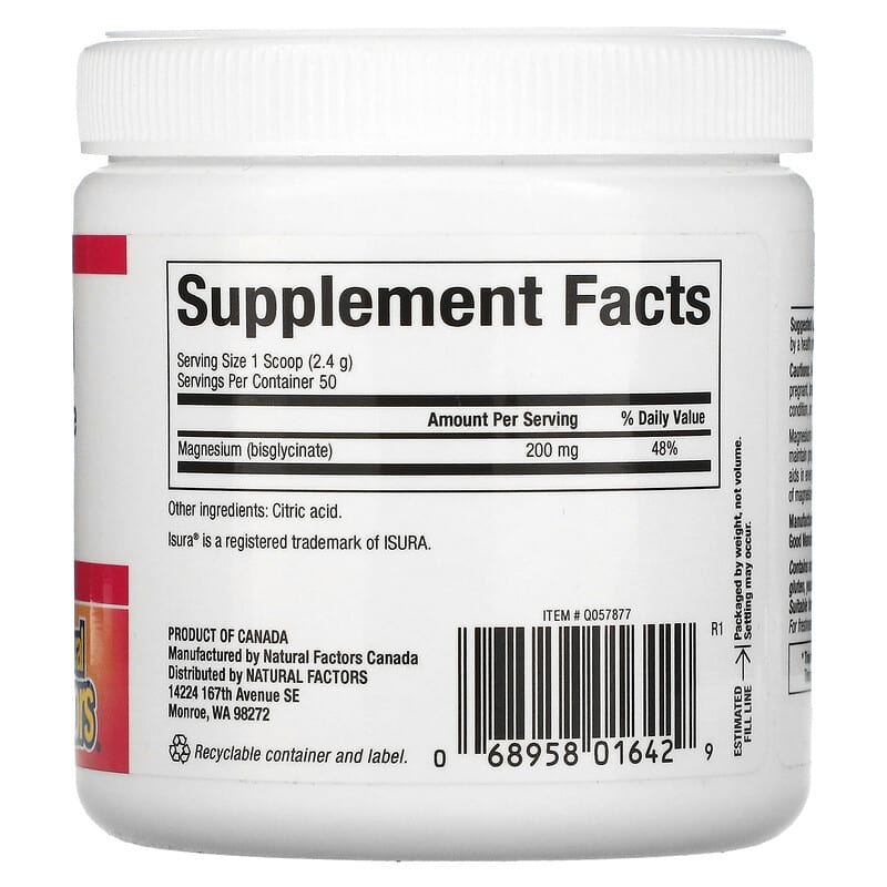 Natural Factors, Magnesium Bisglycinate, Pure, 200 mg, 4.2 oz (120 g) 68958016429